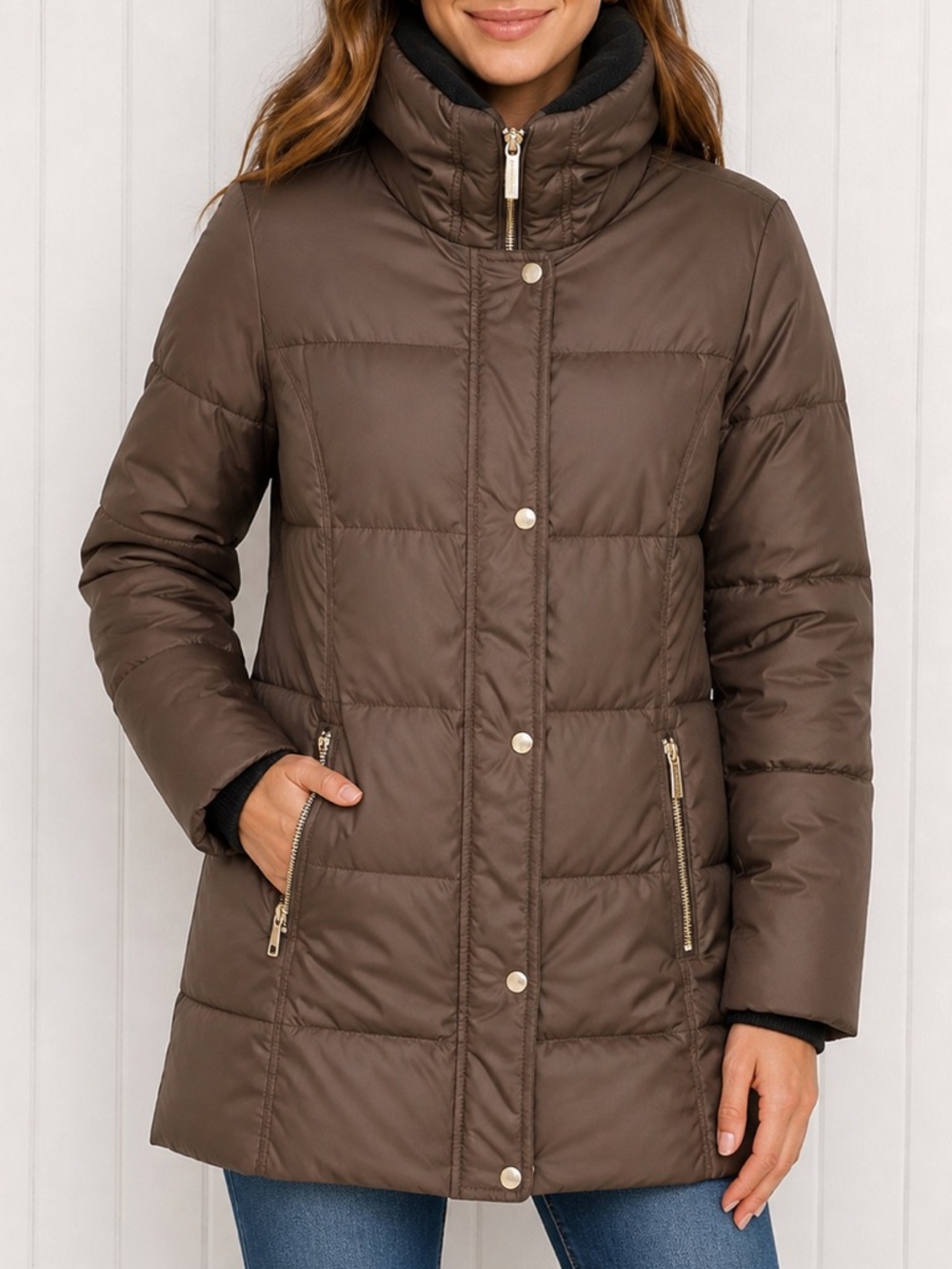Michael Kors Womens‎ Brown Quilted Puffer Jacket Funnel Neck Winter Coat Medium